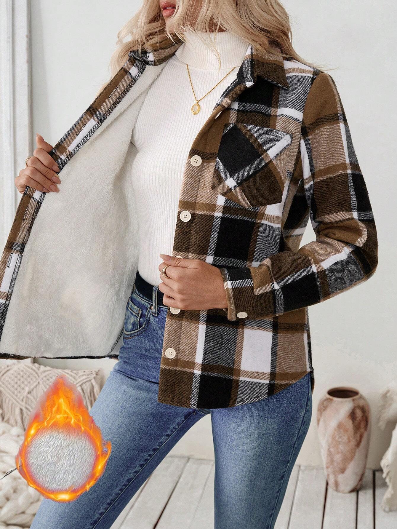 Flannel Shirt Lined - Women Fleece Lined Plaid Shacket Oversized