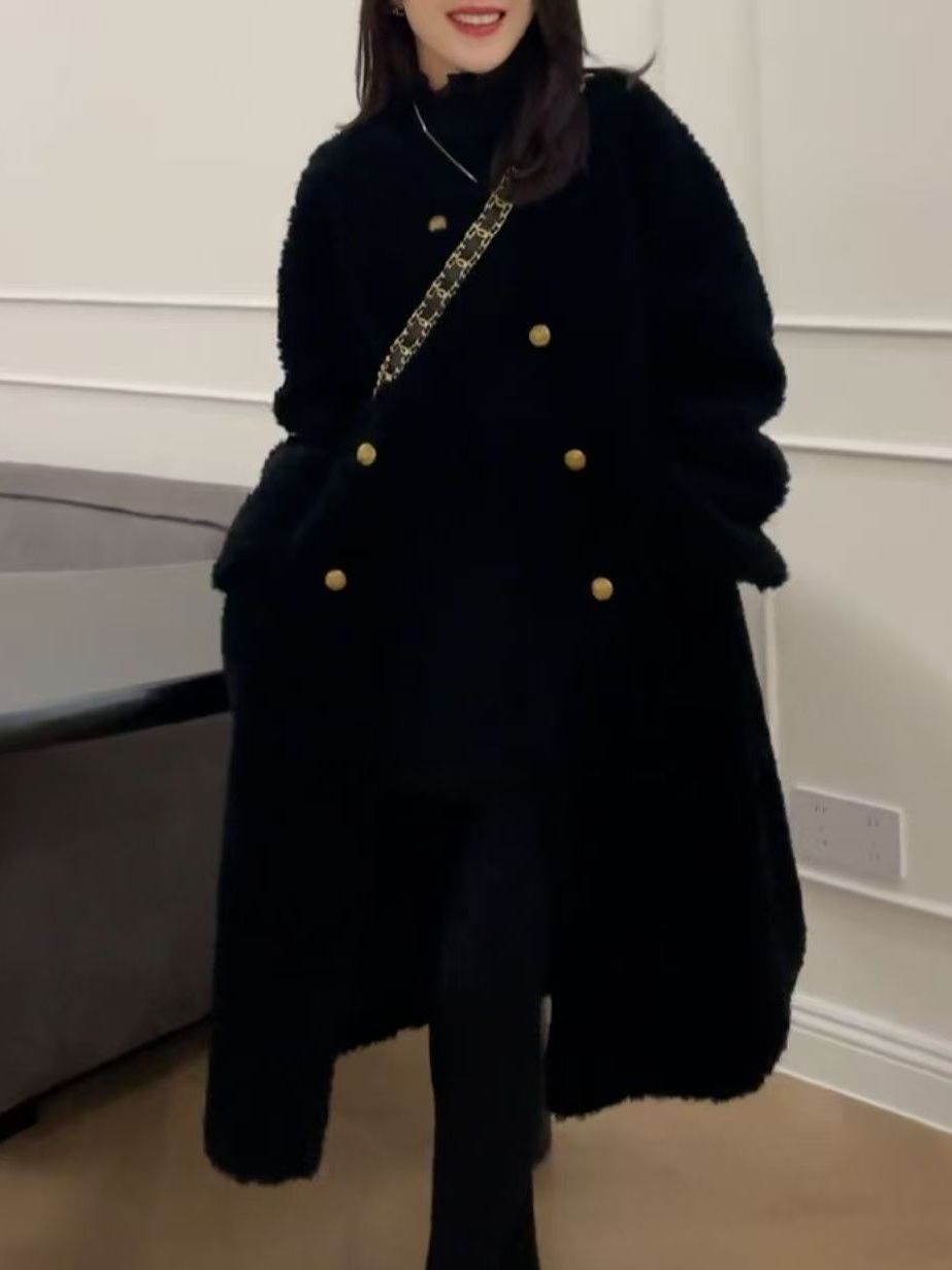 plus Size Mid-Length Lamb Fur  - Wool Coat Peacoat 评论和价格