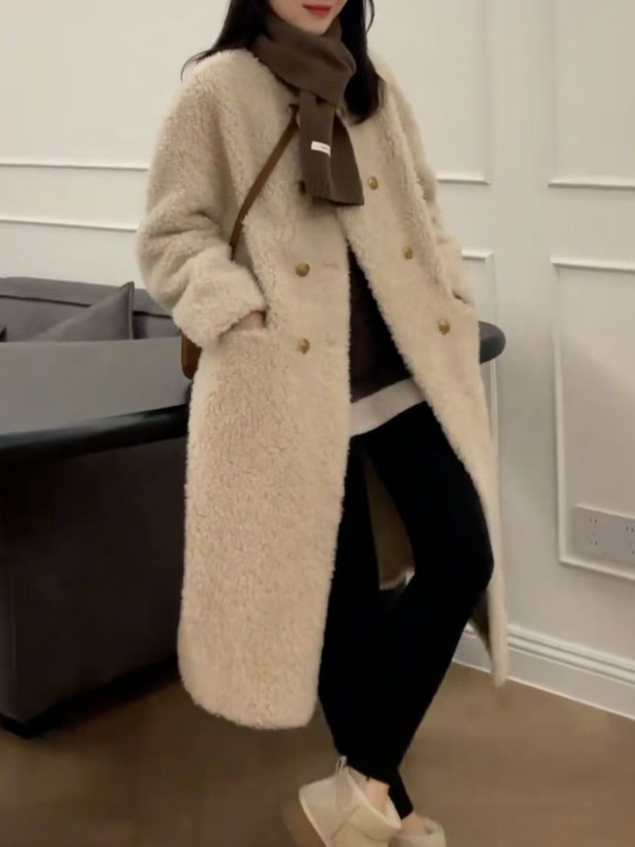 plus Size Mid-Length Lamb Fur  - Wool Coat Peacoat 评论和价格