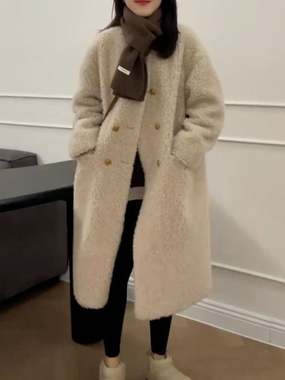 plus Size Mid-Length Lamb Fur  - Wool Coat Peacoat 评论和价格