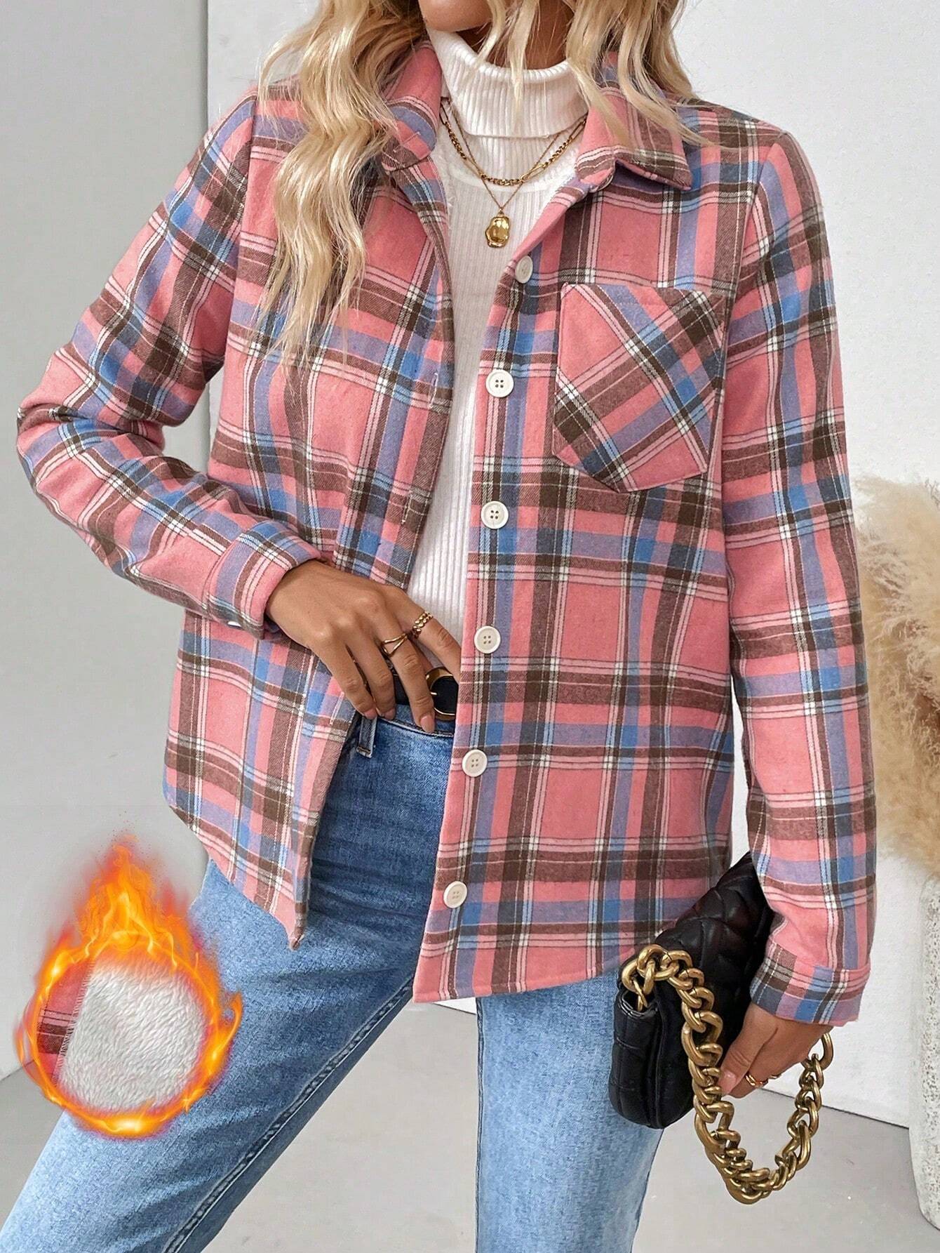 Women Fleece Lined Plaid Shack - Flannel Shirt Lined 评论和价格